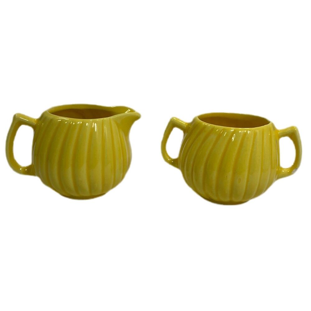 Vintage Ribbed Cream Sugar Bowl Set Pitcher Cottagecore Shabby Decor Mid Century